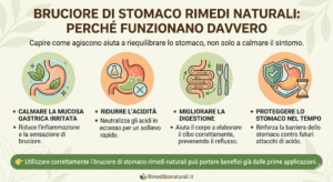 bruciore di stomaco rimedi naturali infografica su benefici digestione acidità e protezione stomaco