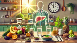 Immagine che mostra alimenti salutari e integratori per la depurazione del fegato grasso.