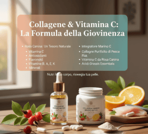 Perché questo integratore?
La produzione del collagene è determinata dalla Vitamina C il primo luogo, dalle altre vitamine, minerali, il collagene stesso, acidi grassi. Qui trovi un integratore con vitamina C della rosa canina, con collagene purificato biologico del pesce.
I frutti della Rosa Canina contengono:
Più di 130 componenti organici. Antiossidanti: carotenoidi , beta-carotene, licopene e xantofille. Flavonoidi: astragalina, isoquercetrina, tiliroside e proantocianidine. Vitamine B1, B2, B3, (PP), A, E e K. Ricca fonte di minerali, macroelementi come fosforo, potassio, calcio e magnesio e microelementi come ferro, rame, manganese e zinco.