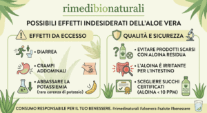Infografica di "rimedibionaturali" sui possibili effetti indesiderati dell'Aloe Vera. A sinistra, gli effetti da eccesso (diarrea, crampi, carenza di potassio); a destra, consigli sulla qualità e sicurezza (evitare l'aloina e scegliere prodotti certificati sotto i 10 ppm). Icone esplicative e foglie di aloe su sfondo chiaro.