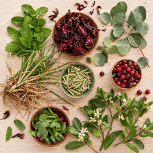 ingredienti naturali tisana drenante con ibisco menta gramigna uva ursina ed eucalipto