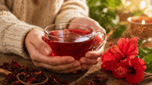tè all’ibisco rosso diuretico per ritenzione idrica tenuto tra le mani momento relax