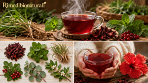 tisana diuretica naturale per ritenzione idrica con erbe officinali su tavolo in legno