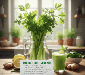 Sedano fresco e succo di sedano naturale, rimedio depurativo con benefici per salute e benessere