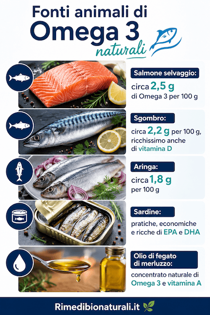 Infografica sulle fonti animali di Omega 3 naturali con salmone selvaggio, sgombro, aringa, sardine e olio di fegato di merluzzo ricchi di EPA e DHA.