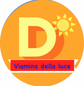 «Icona della vitamina D con un sole e la scritta “Vitamina della luce”». Vitamina D detta vitamina della luce, simbolo del sole e del suo ruolo nel benessere