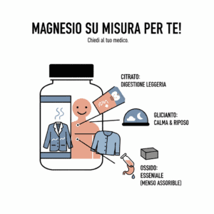 Infografica che mostra un flacone di integratori con all'interno una figura umana stilizzata collegata a tre diverse forme di magnesio: citrato per la digestione, glicinato per calma e riposo, e ossido come forma essenziale ma meno assorbibile. Titolo: "MAGNESIO SU MISURA PER TE! Chiedi al tuo medico."