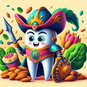 Illustrazione colorata in stile cartoon di un dente antropomorfo vestito da cavaliere con un grande cappello piumato, che impugna una spada e uno scudo decorato con la lettera "M". Il dente-cavaliere è circondato da mandorle, foglie verdi tropicali, e verdure colorate su sfondo giallo crema.