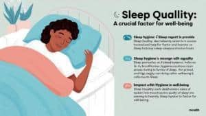 Qualità del sonno e benessere: illustrazione di una persona che dorme serenamente con indicazioni su igiene del sonno e salute psicofisica
