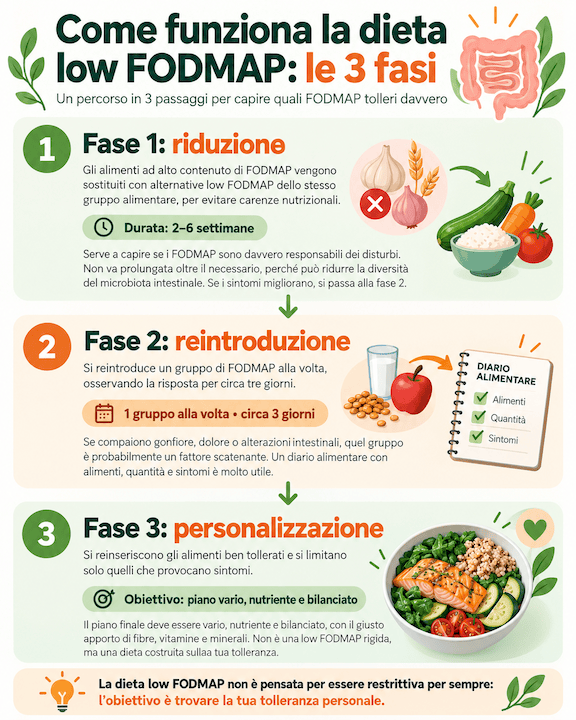 Infografica sulle 3 fasi della dieta Low FODMAP: riduzione, reintroduzione e personalizzazione