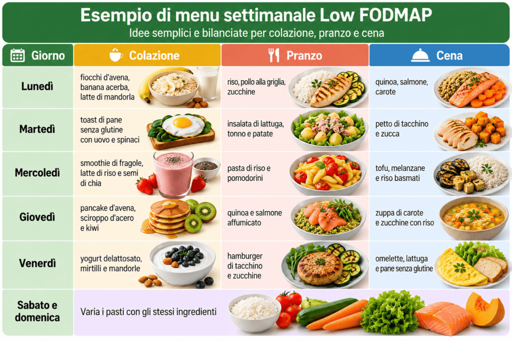 Tabella con esempio di menu settimanale Low FODMAP con colazione, pranzo e cena dal lunedì alla domenica.