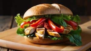 Panino integrale con pollo grigliato, verdure fresche e ingredienti naturali