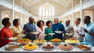 Alimentazione sana ed equilibrata con persone di diverse età e culture che condividono un pasto sano e colorato in un ambiente conviviale