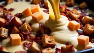 Formaggi grassi a cubetti con salsa cremosa, pancetta e crostini industriali