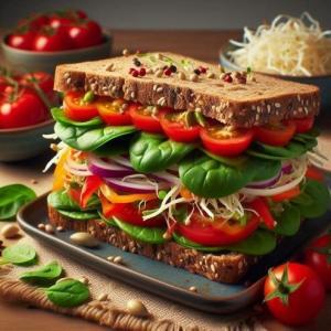 Panino integrale con verdure fresche, spinaci, pomodori, germogli e cipolla