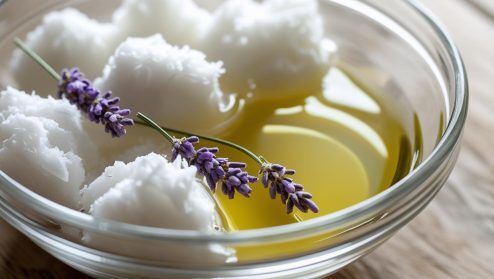 3 cucchiai di olio di cocco 1 cucchiaio di olio d’oliva Facoltativo 4–5 gocce di olio essenziale di lavanda