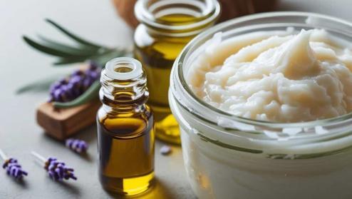 Barattolo aperto di crema di cocco , bottiglia piccola, Olio d'oliva,Olio essenziale di lavanda, 4 gocce (1)