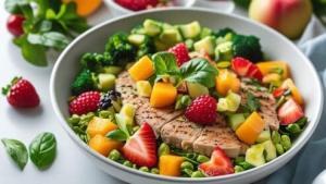 Piatto equilibrato della dieta DASH con verdure fresche, frutta, cereali integrali e proteine magre