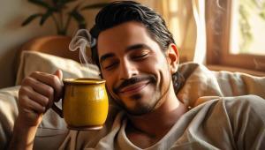 Persona rilassata che beve latte d’oro alla curcuma, bevanda naturale antinfiammatoria