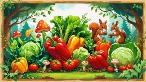 Illustrazione colorata con verdure fresche come peperoni, cavoli, pomodori e funghi in un ambiente naturale ricco di antiossidanti