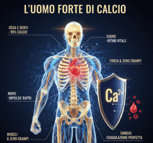 Infografica medica stilizzata in italiano dal titolo 'L’UOMO FORTE DI CALCIO', che illustra i benefici del calcio ($Ca^{2+}$) sul corpo umano. Mostra lo scheletro e il sistema nervoso connessi a etichette per ossa, cuore, muscoli e coagulazione."
