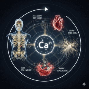 Infografica scientifica stilizzata sul ruolo del calcio ($Ca^{2+}$) nel corpo umano, che mostra la sua importanza per ossa, cuore, nervi e coagulazione del sangue."