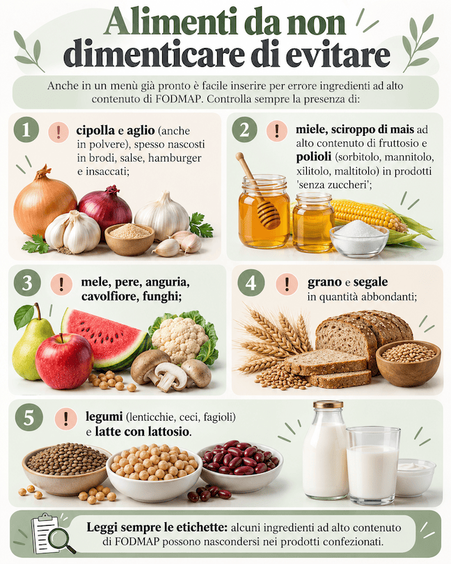 Alimenti low FODMAP da evitare con elenco degli ingredienti ad alto contenuto di FODMAP
