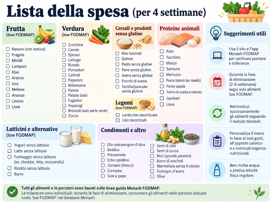 Lista della spesa low FODMAP per 4 settimane con alimenti consentiti