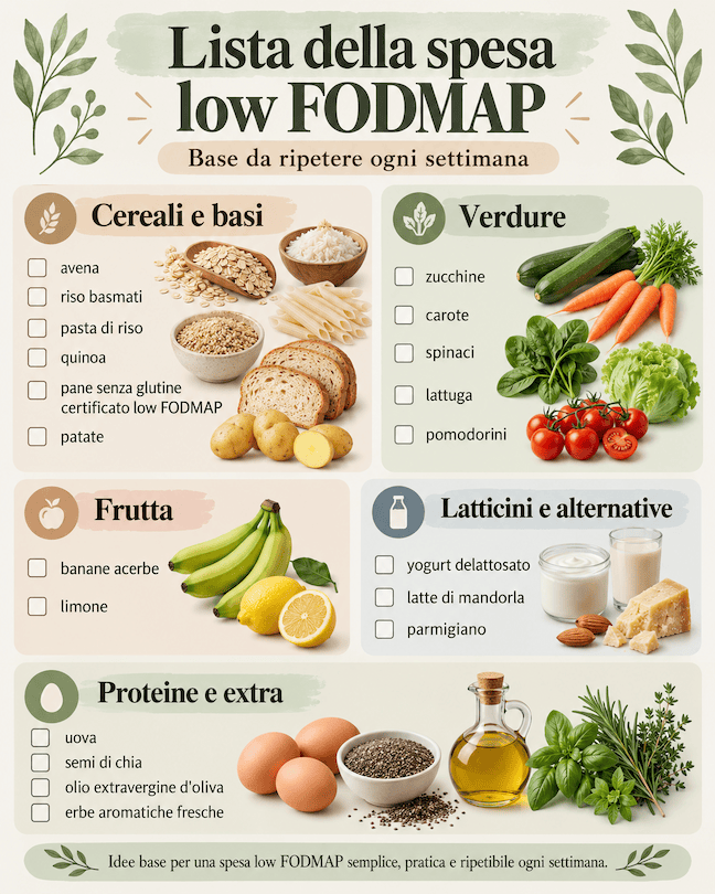 Lista della spesa low FODMAP con alimenti base da ripetere ogni settimana