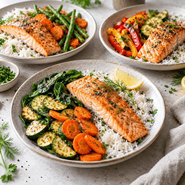 Piatto low FODMAP con riso, salmone e verdure grigliate